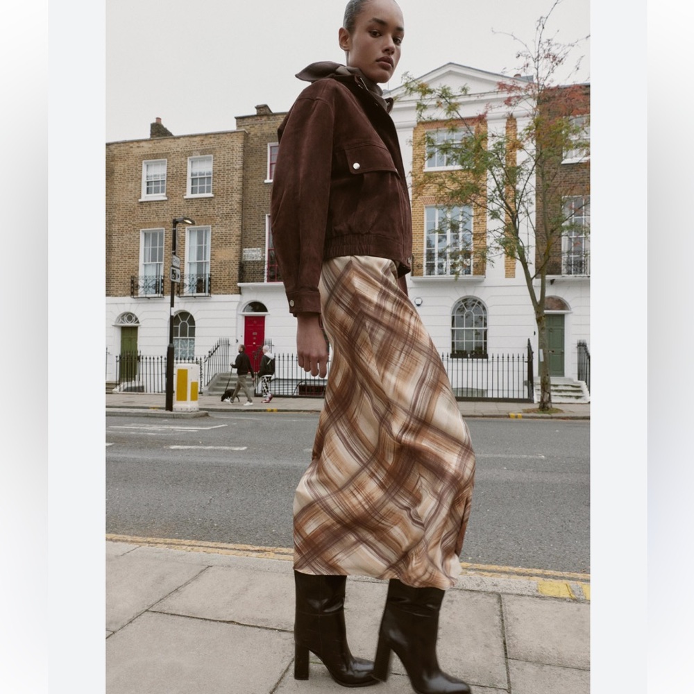 Zara Brown Plaid satin midi Skirt size XS